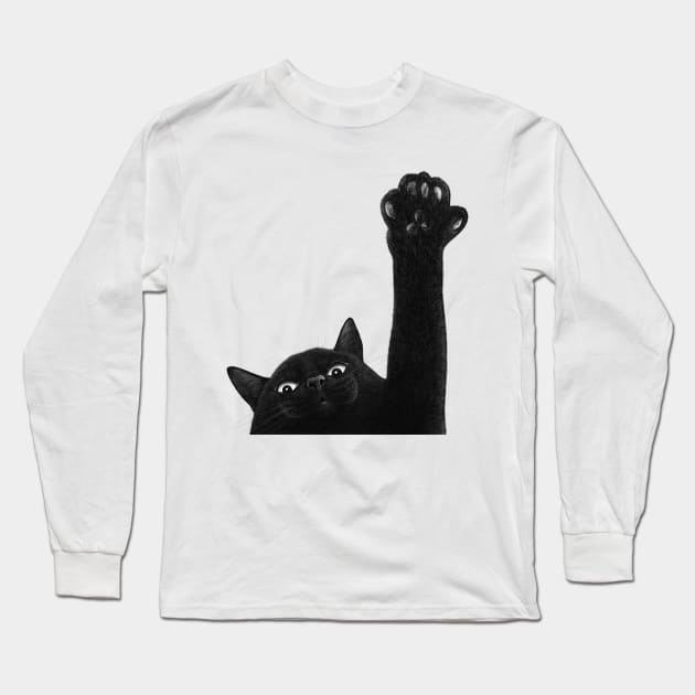 Black cat with paw Long Sleeve T-Shirt by kodamorkovkart